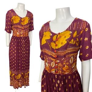Vintage Floral India Cottage Maxi Dress Lace up Back / women’s Small